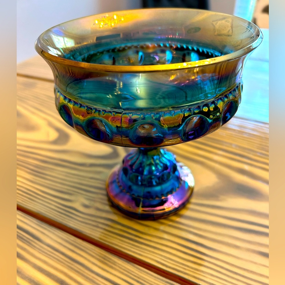 Vintage Indiana Blue Carnival Glass footed Compote Bowl